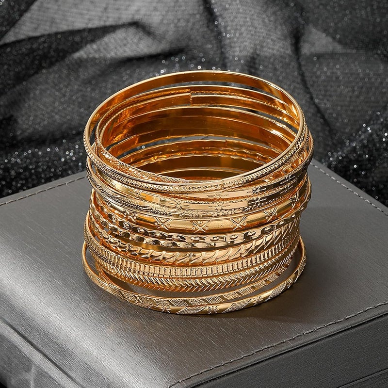 17IF Gold Bangle Bracelet For Women, 14k Multilayer Charm Textured Stackable Bracelets Boho Indian Chunky Cuff Fashion Jewelry Gift - Image 2